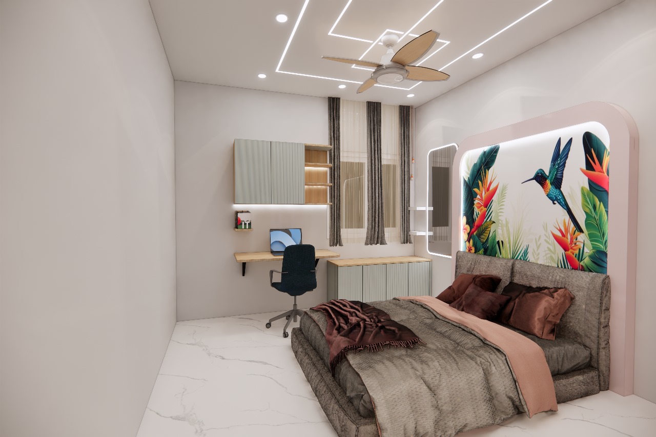 interior-with-colorful-bird-wallpaper-feature-wall-and-study-corne