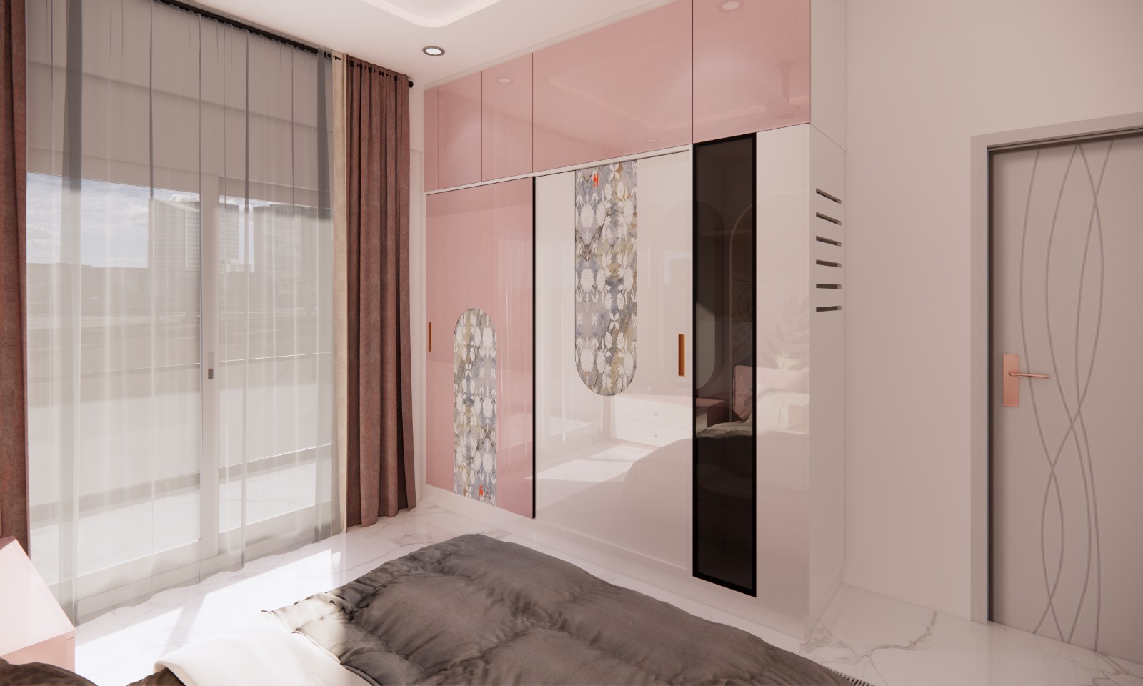 Master bedroom interior design for 2BHK in Bangalore with wallpaper accent wall