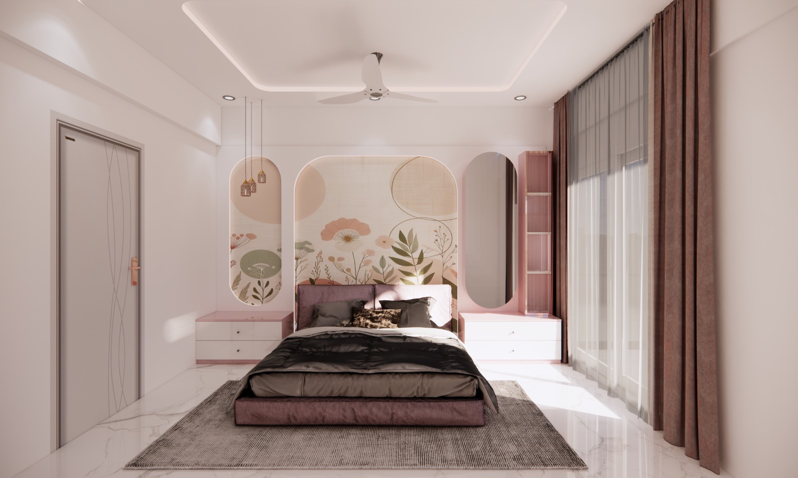 Master bedroom interior design for 2BHK in Bangalore with wallpaper accent wall