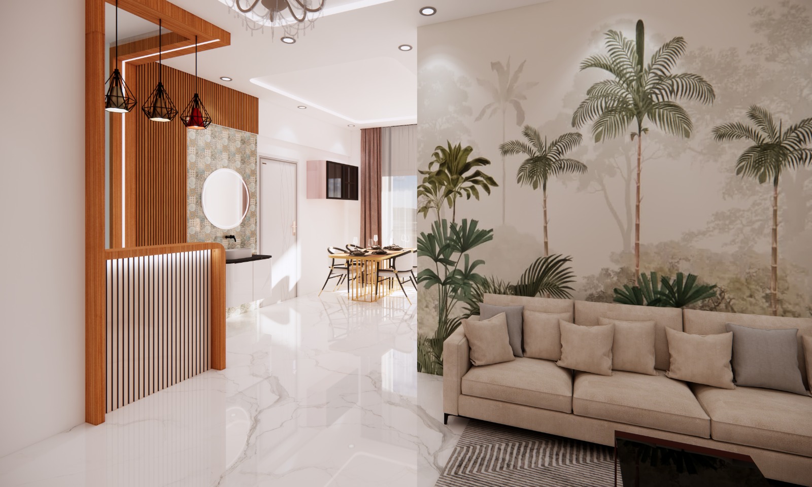 Modern 2BHK living room interior design in Bangalore with fluted TV unit and pooja unit