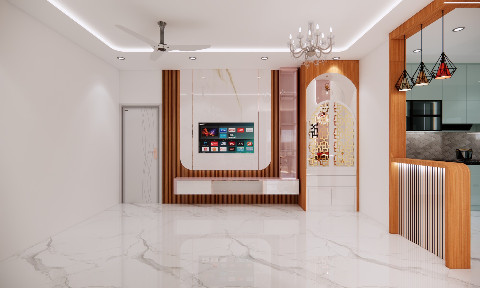 Modern 2BHK living room interior design in Bangalore with fluted TV unit and pooja unit