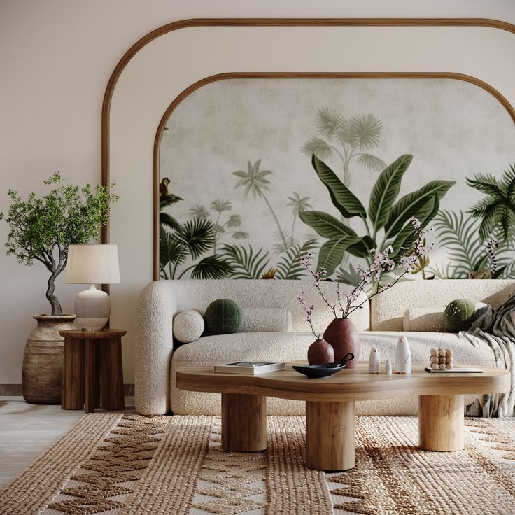 Modern bedroom interior with botanical wallpaper feature wall and wooden wardrobes