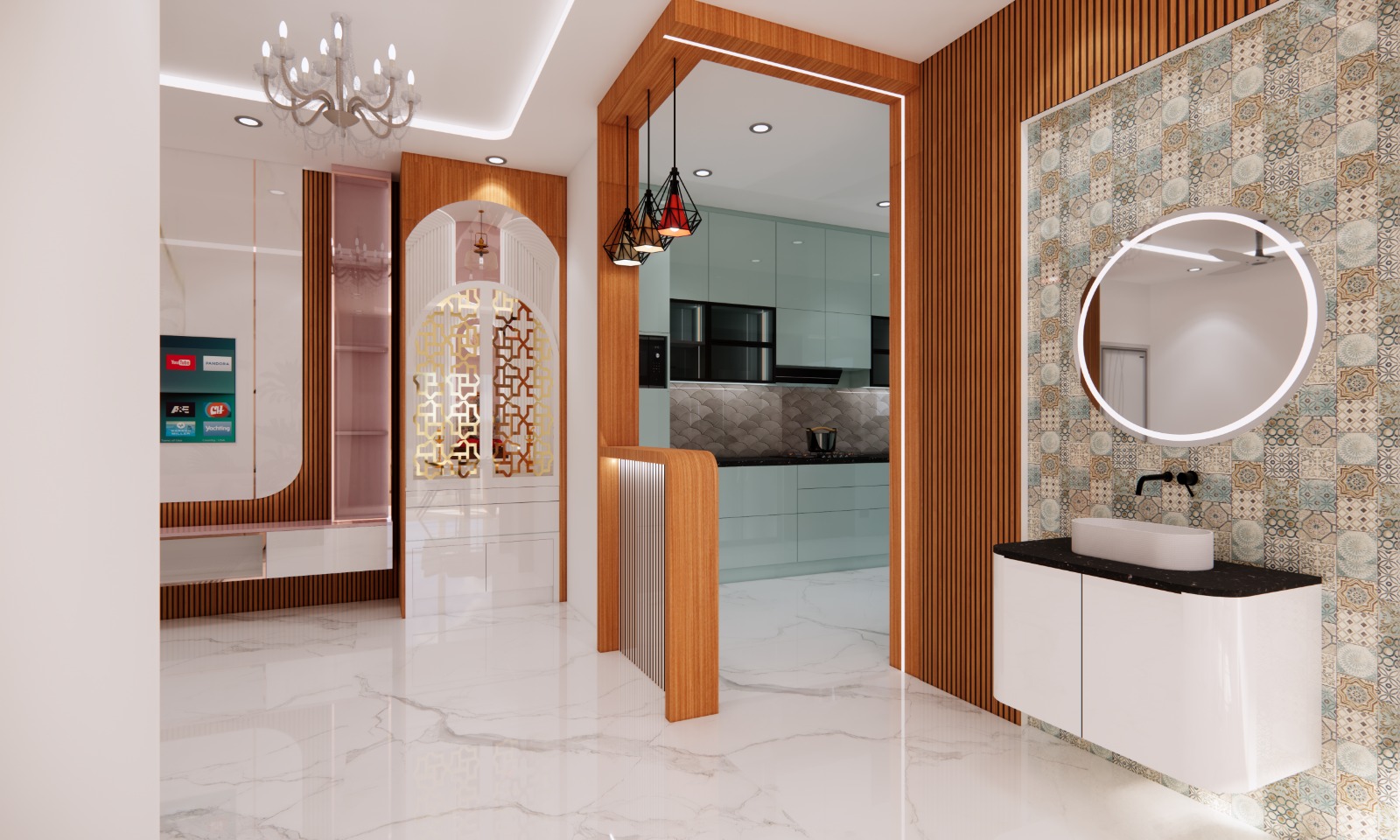 Modern wash basin cabinet design with patterned tiles in Bangalore apartment