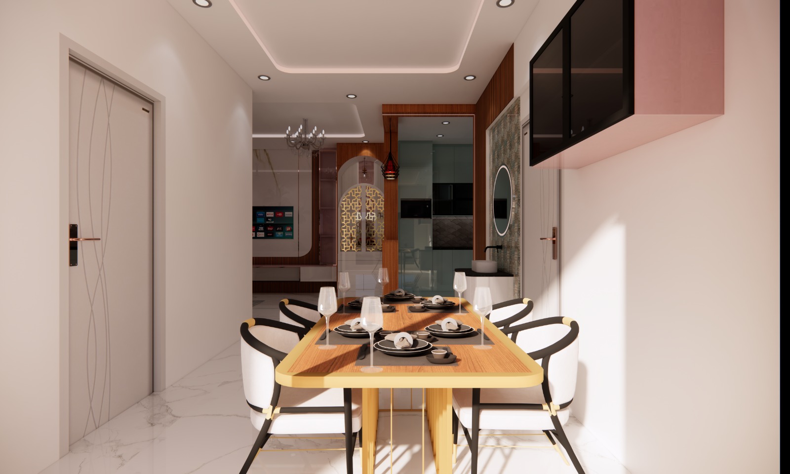 Open kitchen partition with pendant lights in 2BHK Bangalore apartment