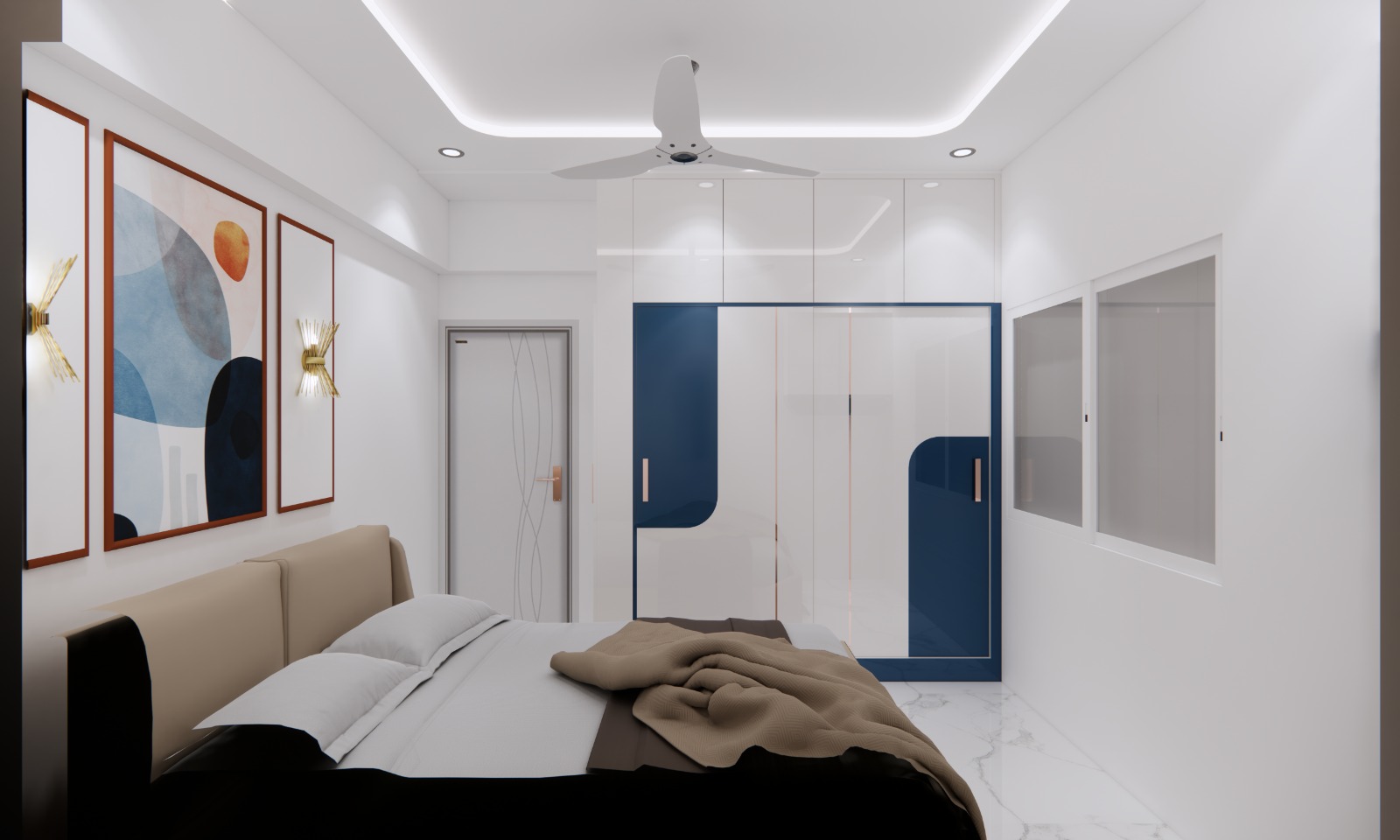 Space-saving second bedroom design with wardrobe and study unit in Bangalore apartment