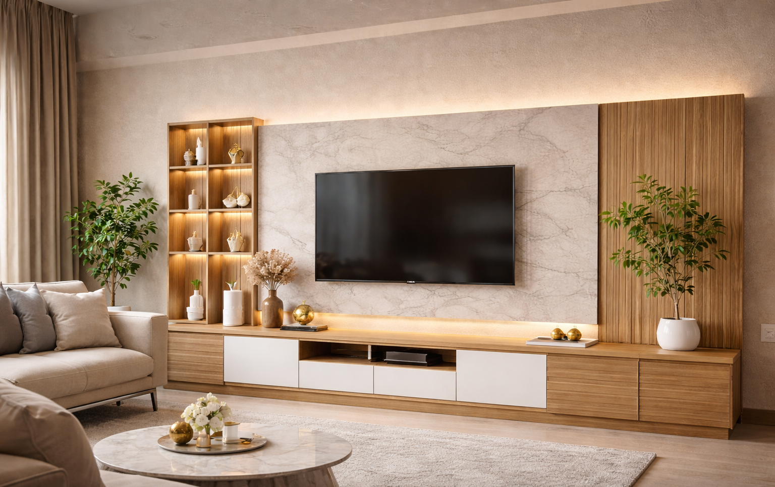 modern TV unit with storage cabinets and shelves in living room