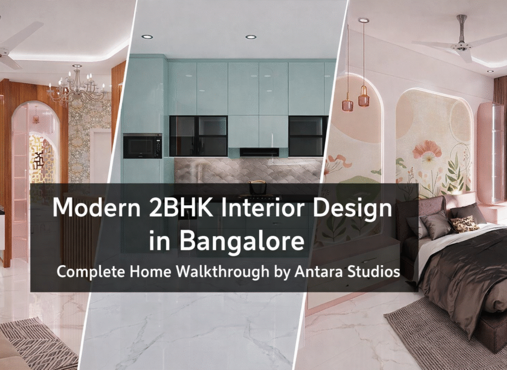Modern 2BHK interior design in Bangalore by Antara Studios featuring Ocean Breeze modular kitchen and luxury bedrooms