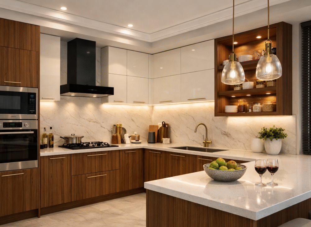 Modern U-shaped modular kitchen design in Bangalore