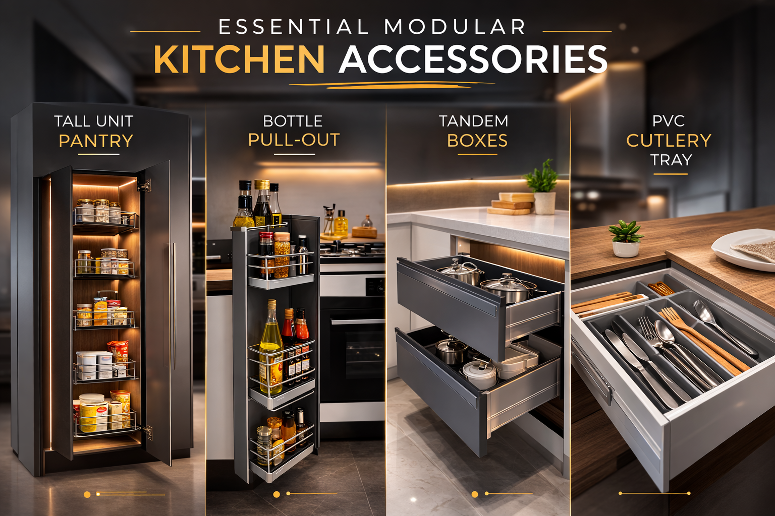 Modern modular kitchen accessories including tandem box drawers bottle pull out and tall pantry unit designed by Antara Studios Bangalore