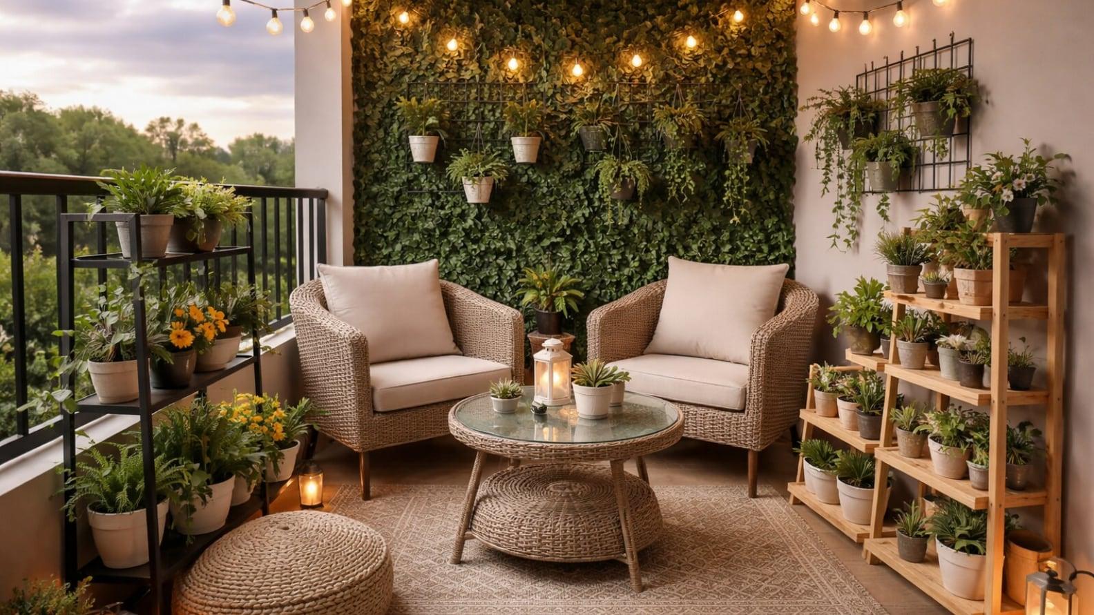 Aesthetic balcony decor with cushions, rugs, and plants in a modern stylish setup.
