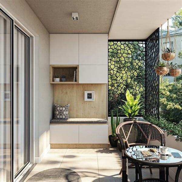 Modern balcony with hidden storage furniture and minimal design for a clean look.
